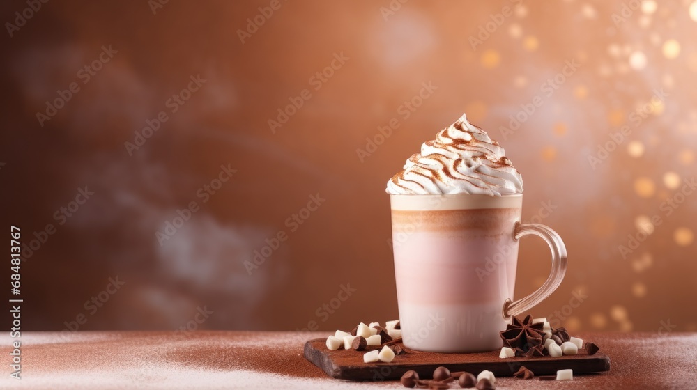a cup of hot chocolate with whipped cream and marshmallows on a wooden table in front of a blurry background. a cup of hot chocolate with whipped cream and marshmallows on a wooden table in front of a blurry background.