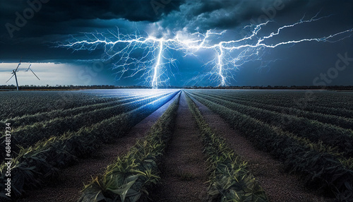 Blitzschutz bei Photovoltaikanlage auf Feld Bauern Solarmodule mit Blitz Blitzeinschlag Risiko Blitzschaden Versicherung Überspannung PV Anlage Erneuerbare Energien Gefahren Generative AI photo