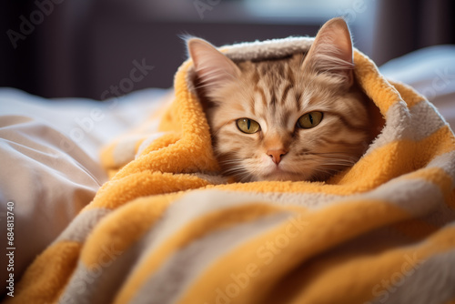 tabby cat under a blanket