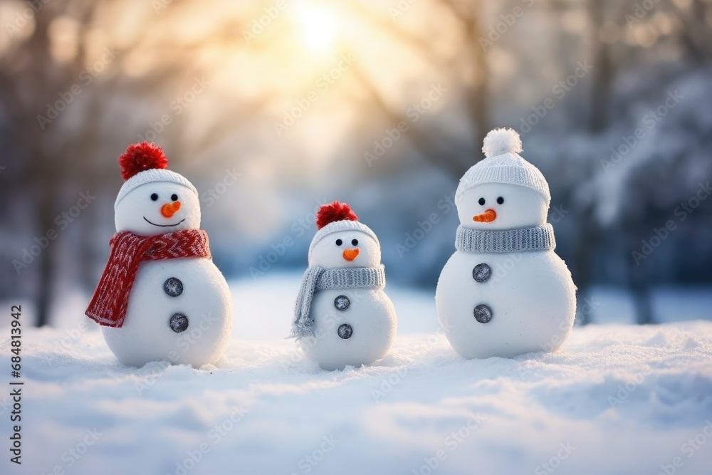 Family of snowmen on a winter background. Christmas background, funny snowmen on the snow. banner Family of snowmen on a winter background. Christmas background, funny snowmen on the snow. banner