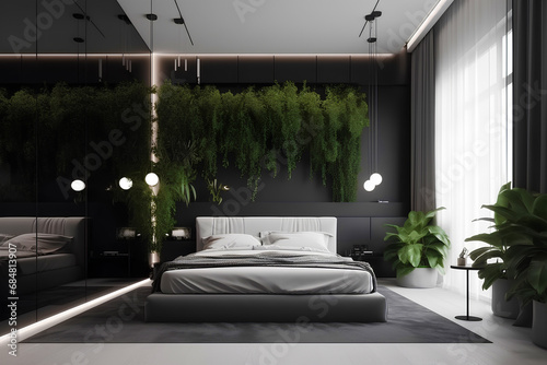 Cozy stylish interior of bedroom in black colors with green plants in modern house. © tynza