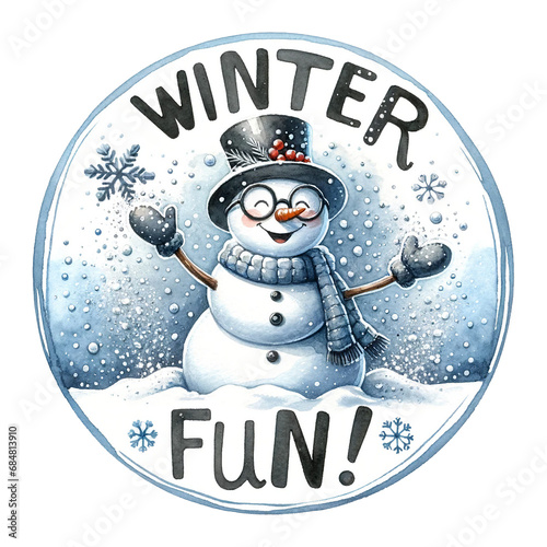 Snowman in a top hat waving, with Winter Fun text in the snow photo