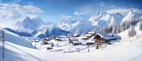Panoramic view of beautiful winter wonderful mountain landscapes with a church. winter mountain landscape with lake. photo