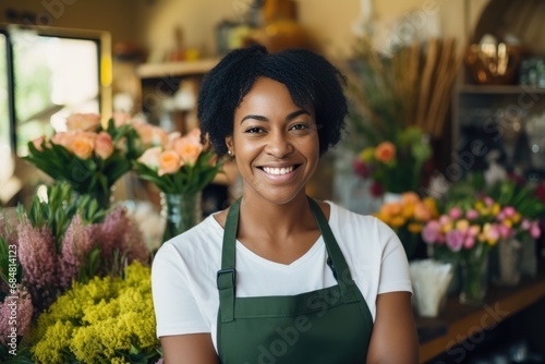 Smiling attractive black female Small business owner in her florist shop photo