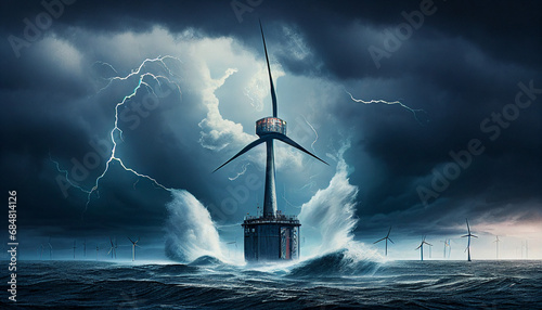 Offshore-Windpark Windrad Blitzeinschlag Blitz auf hoher See Schaden erneuerbare Energien Gefahren Versicherung Generative AI photo