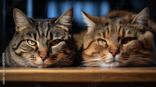 portrait of two cats laying on wooden
