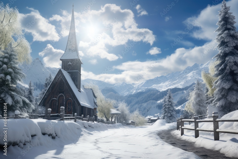 Panoramic view of beautiful winter wonderful mountain landscapes with a church. winter mountain landscape with lake.