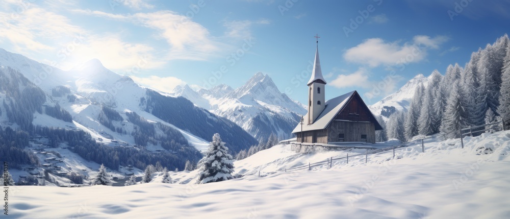 Panoramic view of beautiful winter wonderful mountain landscapes with a church. winter mountain landscape with lake. - obrazy, fototapety, plakaty 
