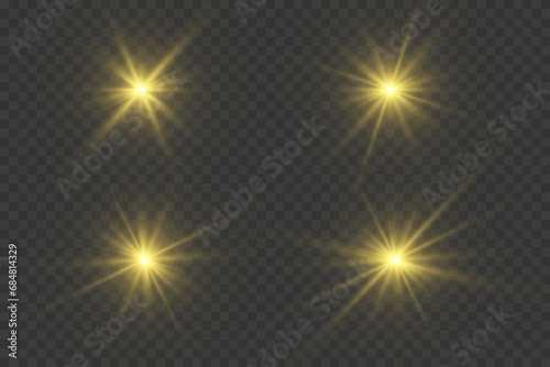 Set of light effects golden glowing light isolated on transparent background. Solar flare with rays and glare. Glow effect. Starburst with shimmering sparkles.