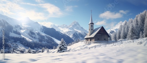 Panoramic view of beautiful winter wonderful mountain landscapes with a church. winter mountain landscape with lake.