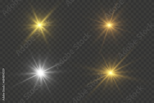 Set of light effects golden glowing light isolated on transparent background. Solar flare with rays and glare. Glow effect. Starburst with shimmering sparkles.