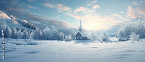 Panoramic view of beautiful winter wonderful mountain landscapes with a church. winter mountain landscape with lake.
