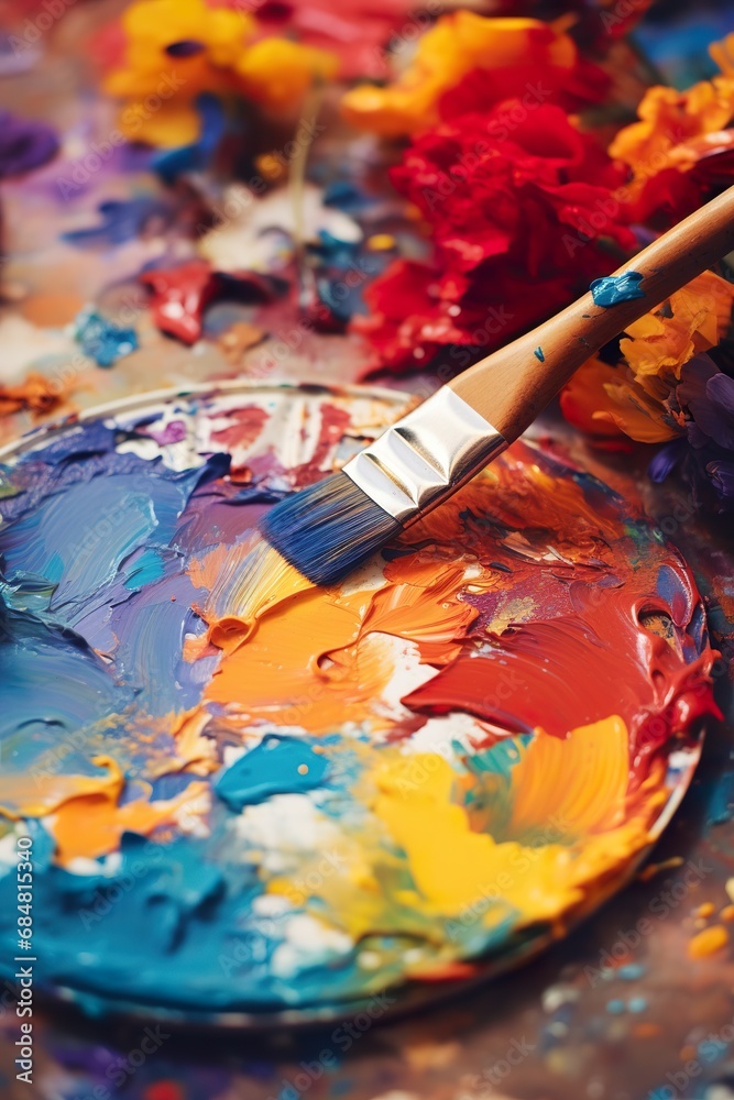 A close-up of a painter's palette with vibrant oil paints and a paintbrush, capturing the creative process and the texture of the paint
