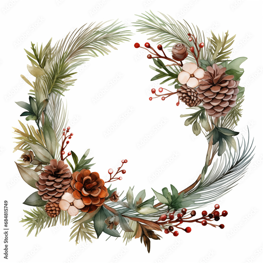Fototapeta premium Christmas Watercolor Floral Wreath with foliage, flowers and berries