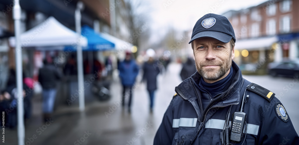 Man working as police officer or cop, closeup portrait, blurred city background. Generative AI
