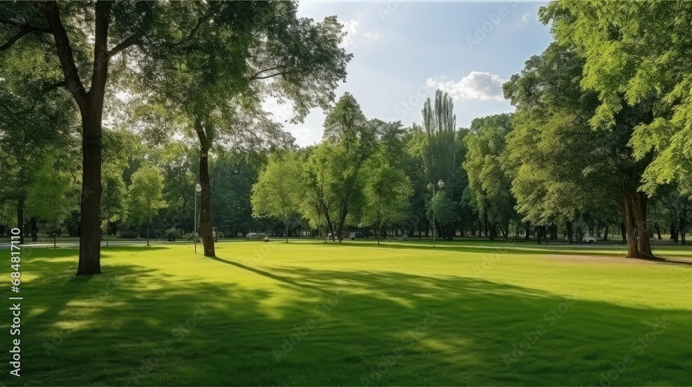  Green park with lawn and trees.
