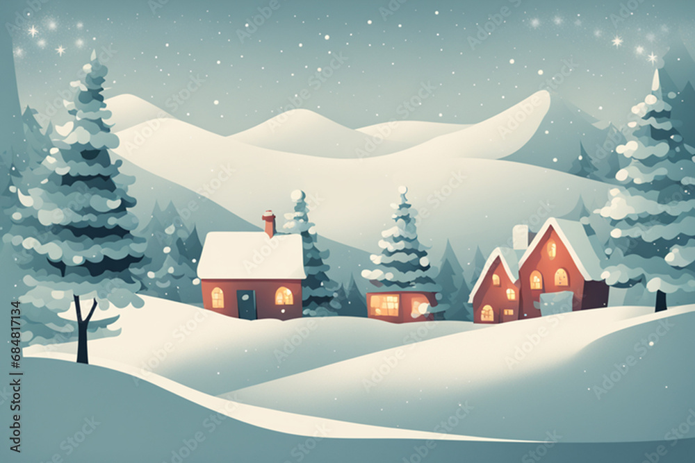 Merry Christmas card with a house on a snowy winter night. Cartoon illustration. Happy New Year