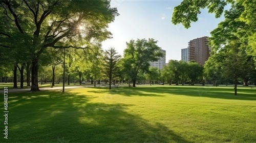 Public park and high buildings cityscape, Green environment city.