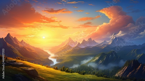  the sun rises in the mountains with a golden yellow light shining on the mountain peaks