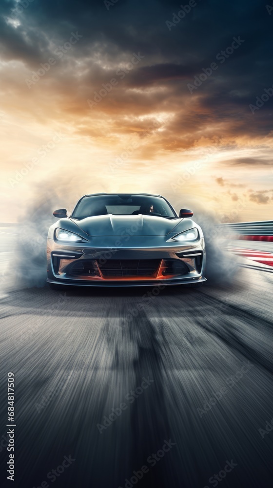 Sports Car Burnout and Drifting on the Racing Track with Smoke and Heat. High-Performance Thrills Sports Car Burnout and Drifting on the Racing Track with Smoke and Heat. High-Performance Thrills