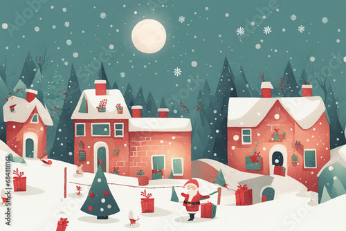 Winter night city in retro style. Christmas background with houses, fir tree, snowman. Cozy city in flat style. Cartoon illustration.