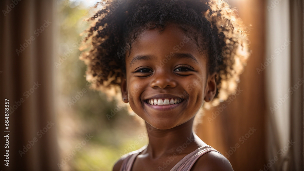 portrait of black girl during session in yoga studio. smiling little ...
