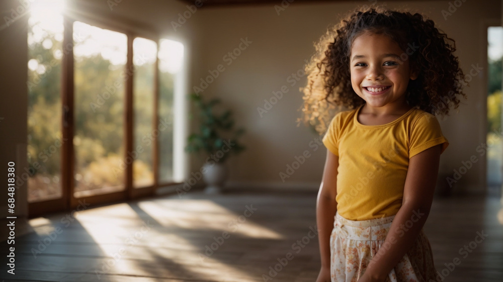 Girl doing exercise smiling in yoga studio. smiling little girl practicing exercises visualizing calming the brain increasing awareness and attention - obrazy, fototapety, plakaty 