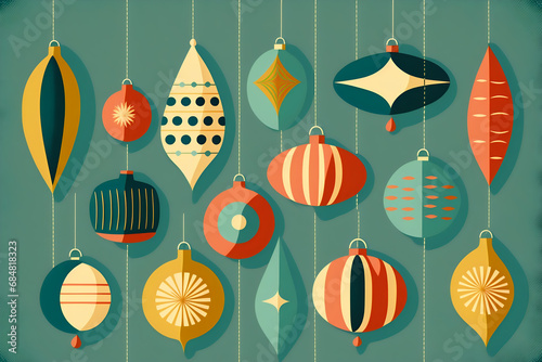 Retro Christmas Background Illustration with Ornaments -  Generative AI