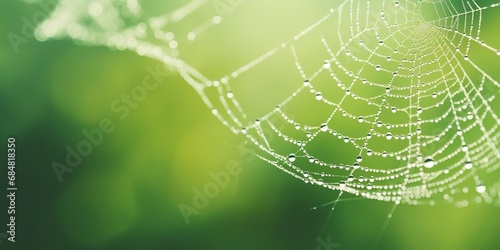  a rare, dew-covered spider web in the early morning light, showcasing the intricate patterns and water droplets with a blurred green natural background