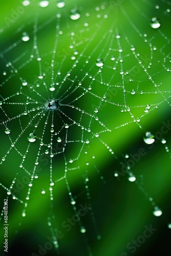  a rare, dew-covered spider web in the early morning light, showcasing the intricate patterns and water droplets with a blurred green natural background © EOL STUDIOS