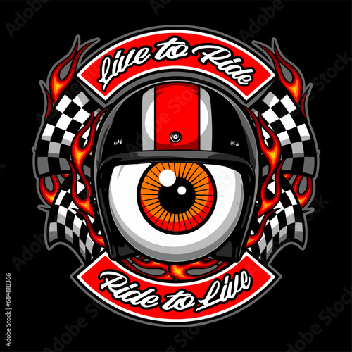 one eye wearing a helmet with a background of fire and a racing flag photo