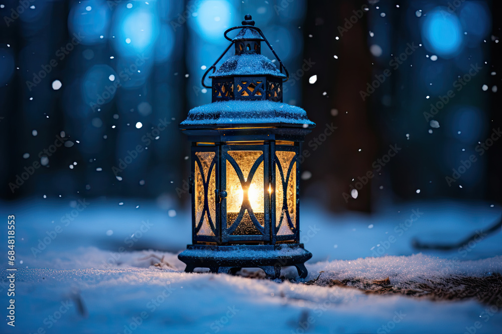 A lantern is lit in the snow at night created with generative AI technology A lantern is lit in the snow at night created with generative AI technology