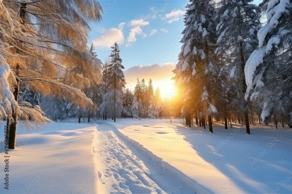 beautiful snowy winter forest landscape. snowy forest and fir branches. Sunset in the wood in winter period