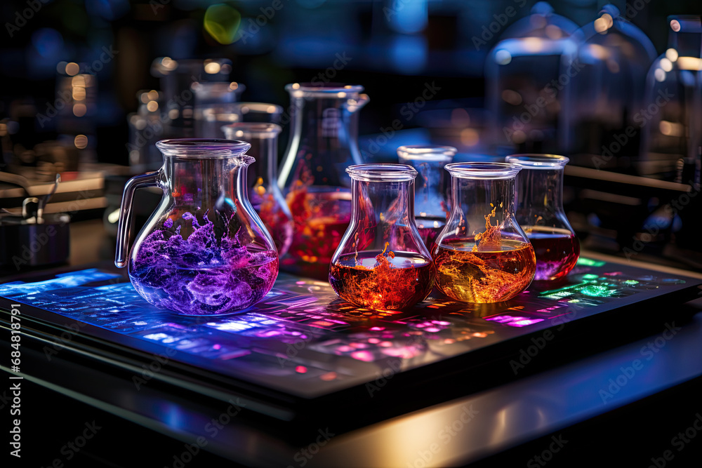 A table topped with lots of glass bottles filled with liquid created with generative AI technology