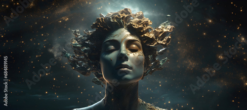 Woman head of statue on universe background