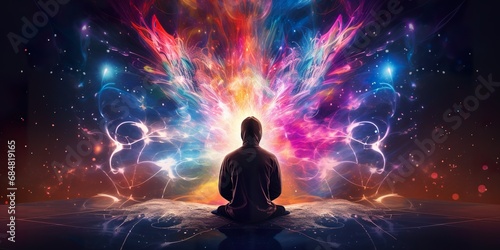 A person meditating in a psychedelic, abstract environment with bold colors and surreal elements