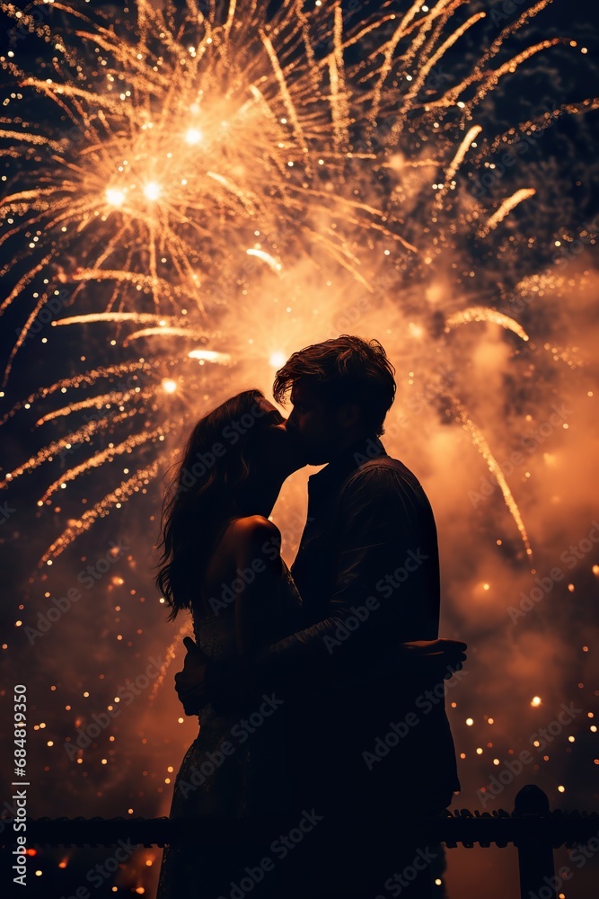 Fototapeta premium A romantic New Year's Eve moment, with a couple kissing at midnight under a sky full of fireworks, surrounded by a crowd of people but lost in their own world, a symbol of love and new beginnings
