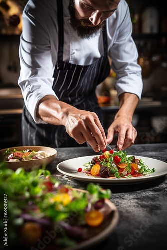  A professional chef in a modern kitchen, expertly garnishing a gourmet dish, with a focus on the fresh ingredients and chef's skilled hands