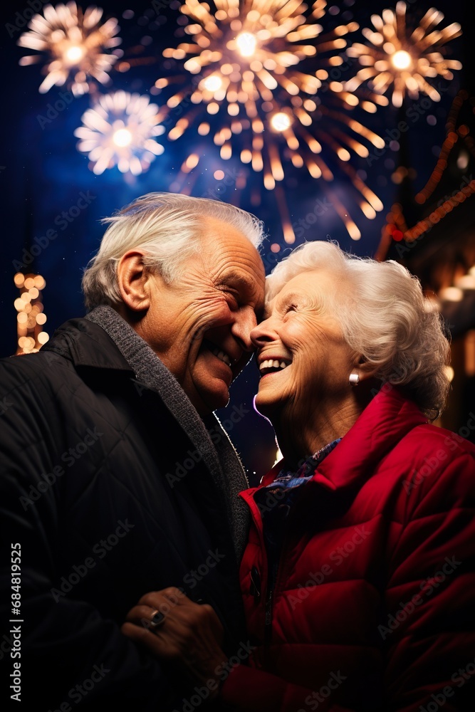 A senior couple embracing each other, laughing and enjoying a romantic moment, with colorful New Year's fireworks sparkling in the background, symbolizing enduring love and shared joy