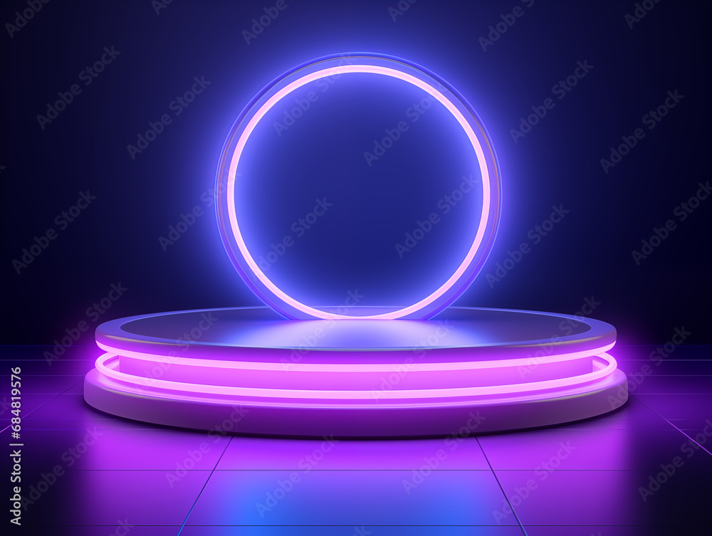 Futuristic podium with lights and shapes in the background, platform for showcasing new products