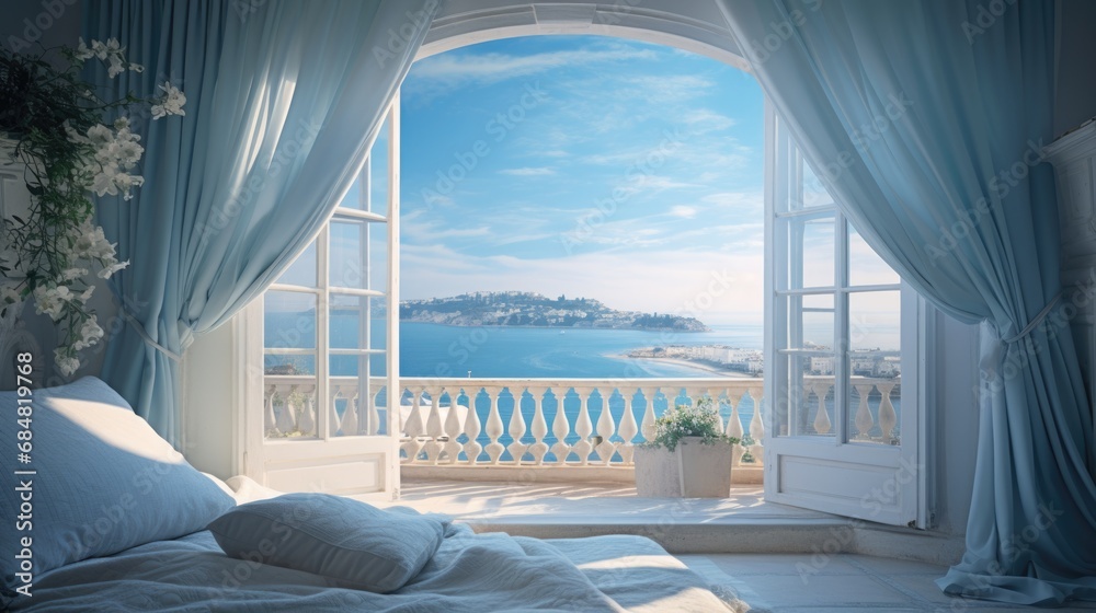 Beautiful luxury hotel room with a view of the ocean. Open balcony windows in romantic Amalfi Coast in Italy. Stunning seaside resort sunny summer bed. - obrazy, fototapety, plakaty 