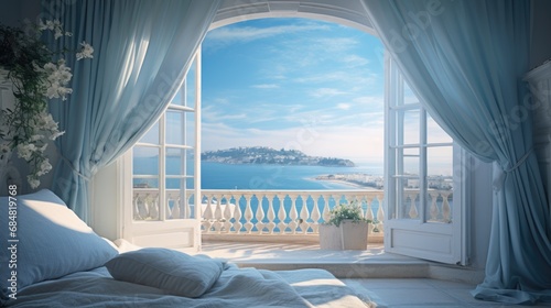 Beautiful luxury hotel room with a view of the ocean. Open balcony windows in romantic Amalfi Coast in Italy. Stunning seaside resort sunny summer bed.