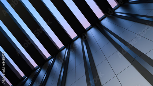 Wall of building, modern architecture with metal elements, building with transparent ceiling, sky view. Modern house, office, building, with metal wall and open sky. 3D render.