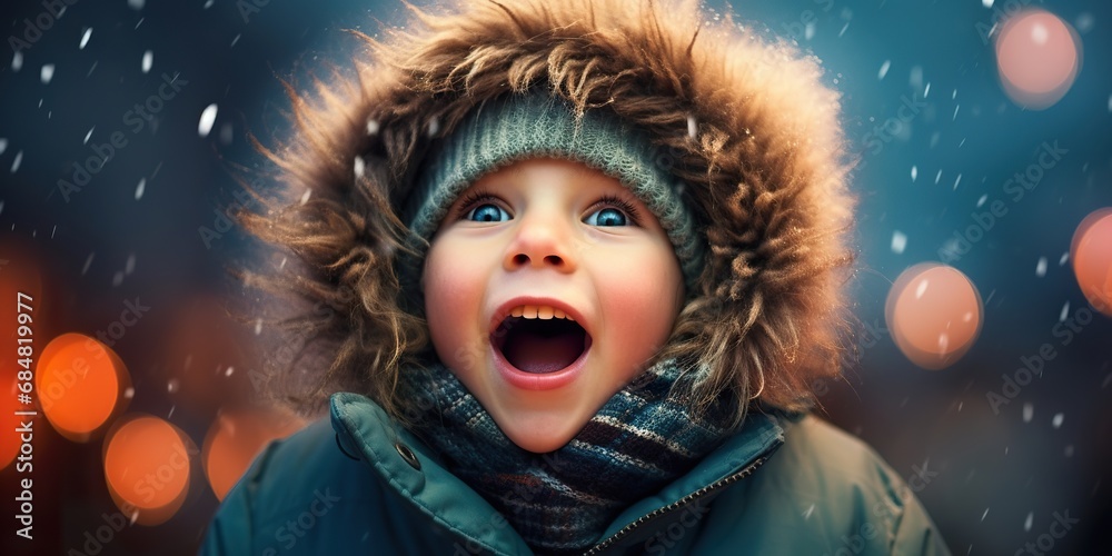 Fototapeta premium An ecstatic kid in a warm winter coat, with a scarf and mittens, cheering with wide eyes and an open mouth as they witness a grand firework