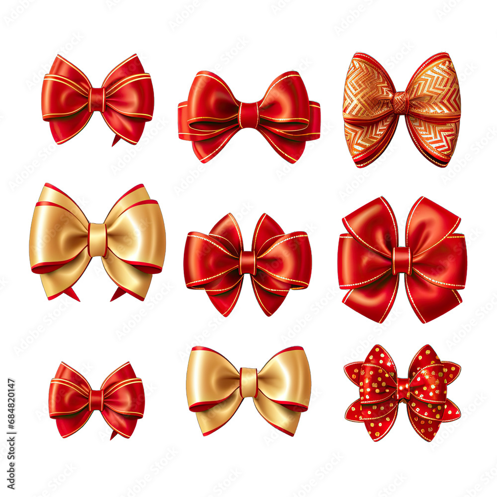 Red and Golden Bows. Set of Red and Golden Bows Isolated on Transparent Background Conveying Festivity and Decorative Elegance.. Cutout PNG. Red and Golden Bows. Set of Red and Golden Bows Isolated on Transparent Background Conveying Festivity and Decorative Elegance.. Cutout PNG.