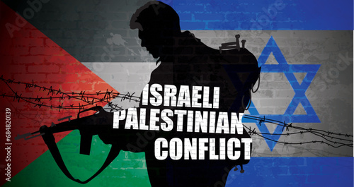 A silhouette of a soldier against Barb wire border. Israel VS Palestine War 2023. Conflict concept. stop the war. we want peace.