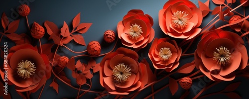 Banner with paper cut red poppy flower photo