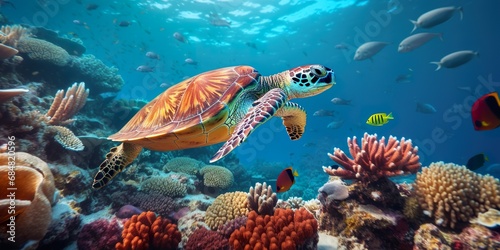 An underwater shot of a diver swimming alongside a majestic sea turtle  amidst vibrant coral reefs  capturing the serene interaction between human and marine life