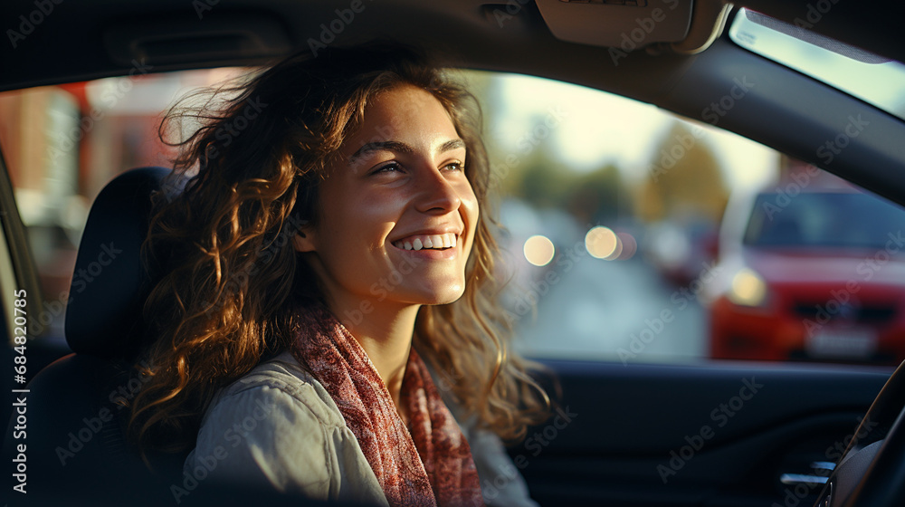 happy caucasian woman, 30s, drives joyfully through busy street happy caucasian woman, 30s, drives joyfully through busy street
