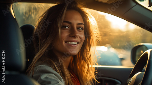 smiling blonde woman in car, enjoying sunny drive in busy area